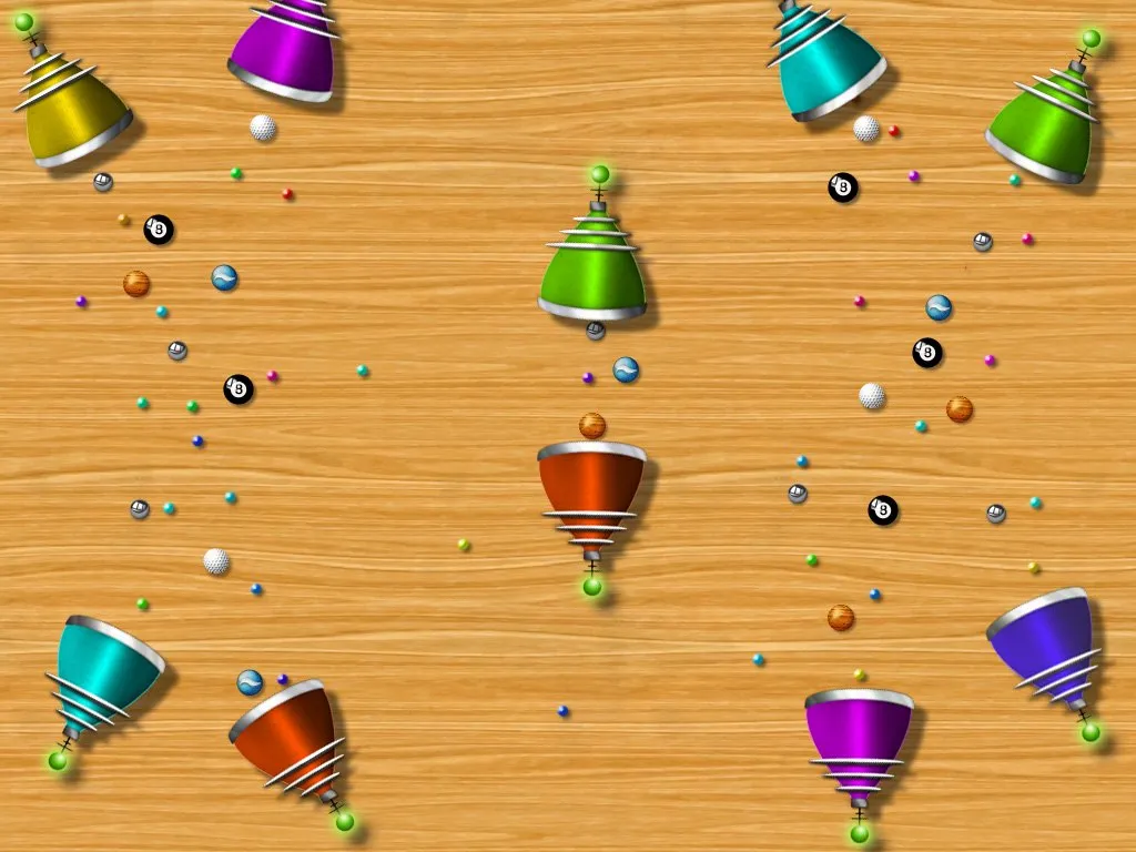 Dozens of funnels scattered across the board, each dropping a stream of coloured balls.