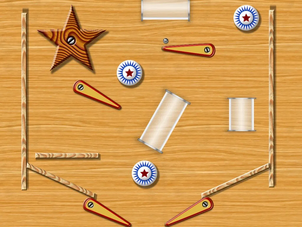 A BallFallDown board built into a pinball-style machine, with flippers, bumpers, rollers and a wooden spinner.