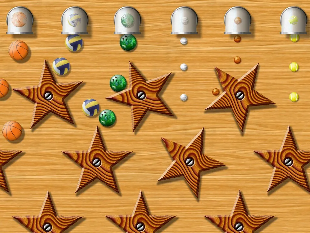 A row of ball dispensers feeding a field of wooden star spinners.